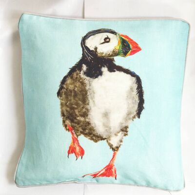 Running Puffin on Blue Square Cushion