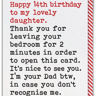 Funny Daughter 14th Birthday Card - Leaving Bedroom From Single Dad