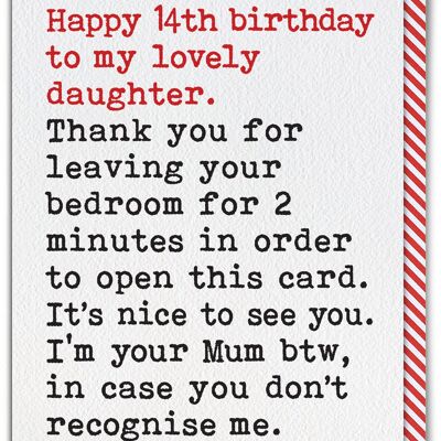 Funny Daughter 14th Birthday Card - Leaving Bedroom From Single Mum