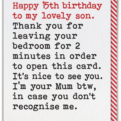 Funny 15th Birthday Card For Son - Leaving Bedroom From Single Mum