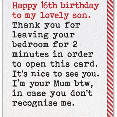 Funny 16th Birthday Card For Son - Leaving Bedroom From Single Mum