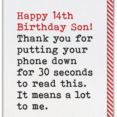 Funny Son 14th Birthday Card - Phone Down From Single Parent