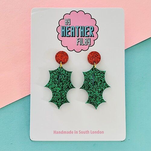 Holly Leaf Christmas Glitter Earrings