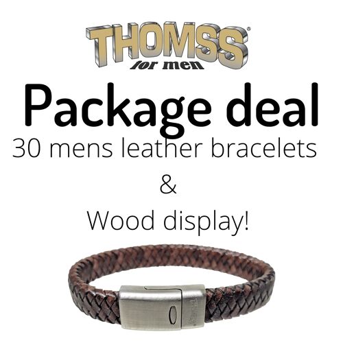 Package deal! 30 leather mens bracelet and wood display.