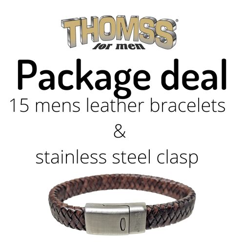 Package deal! 15 leather mens bracelets with stainless steel clasp.