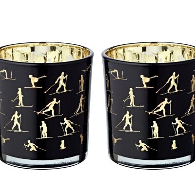 2er-Set Teelichtglas Monty (Höhe 8 cm, ø 7,5 cm), Windlicht mit Skisport Motiv,  gold / schwarz