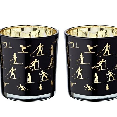 2er-Set Teelichtglas Monty (Höhe 8 cm, ø 7,5 cm), Windlicht mit Skisport Motiv,  gold / schwarz