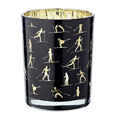 Lanterne Monty (hauteur 13 cm, ø 10 cm), lanière avec motif ski, intérieur or / extérieur noir