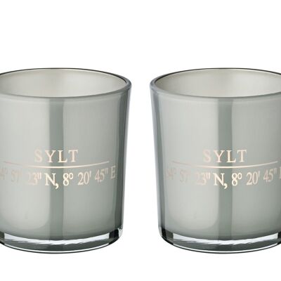 2er-Set Teelichtglas Sylt (Höhe 8 cm, ø 7,5 cm) in Grau, edles Windlicht mit Sylt-Koordinaten