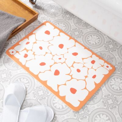 Alfombrilla de baño antideslizante de piedra blanca con flores naranjas