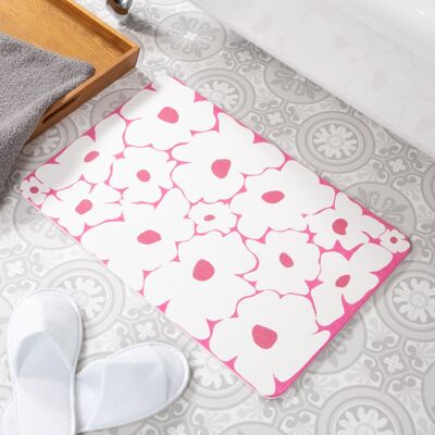 Tapis de bain antidérapant en pierre blanche fleur rose