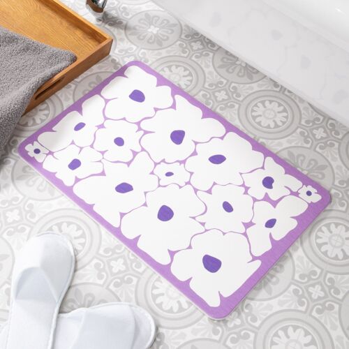 Purple Flower Pattern White Stone Non Slip Bath Mat