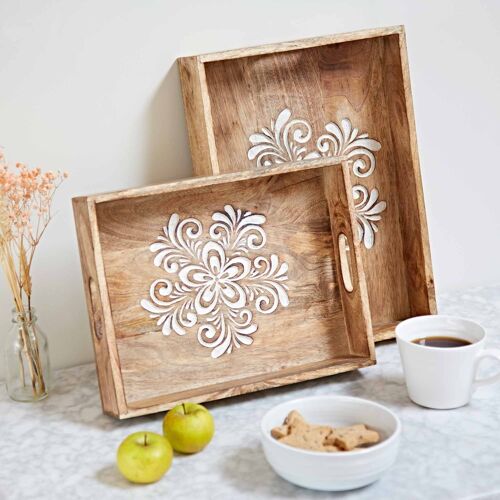 Floral Carved Natural Mango Wood Tea Tray