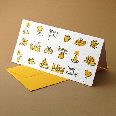 10 greeting cards with yellow-orange envelopes: Find couples