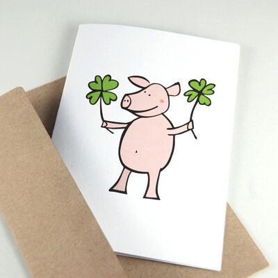 10 recycled greeting cards with envelope: pig with lucky clover