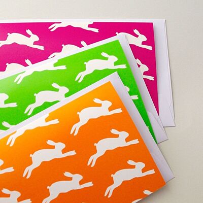 9 colored Easter cards with envelopes: jumping bunnies