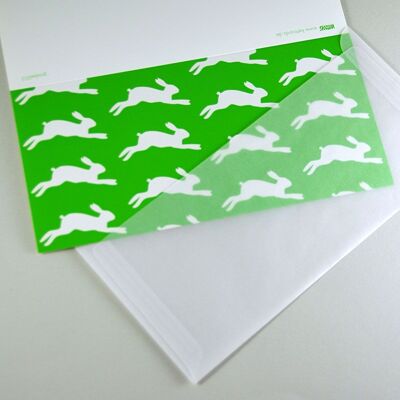 10 green Easter cards with envelopes: jumping bunnies