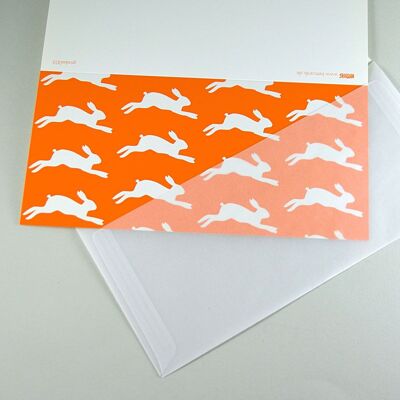 10 orange Easter cards with transparent envelopes: jumping bunnies