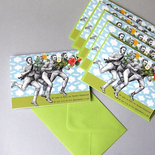 10 Glückwunschkarten mit maigrünen Kuverts: die Ersten / the first