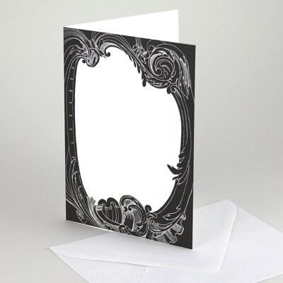 10 greeting cards with envelopes: black rococo frame