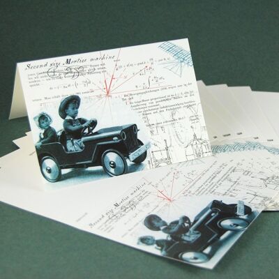 10 tarjetas de felicitación con sobres: mini jeep + fórmulas técnicas