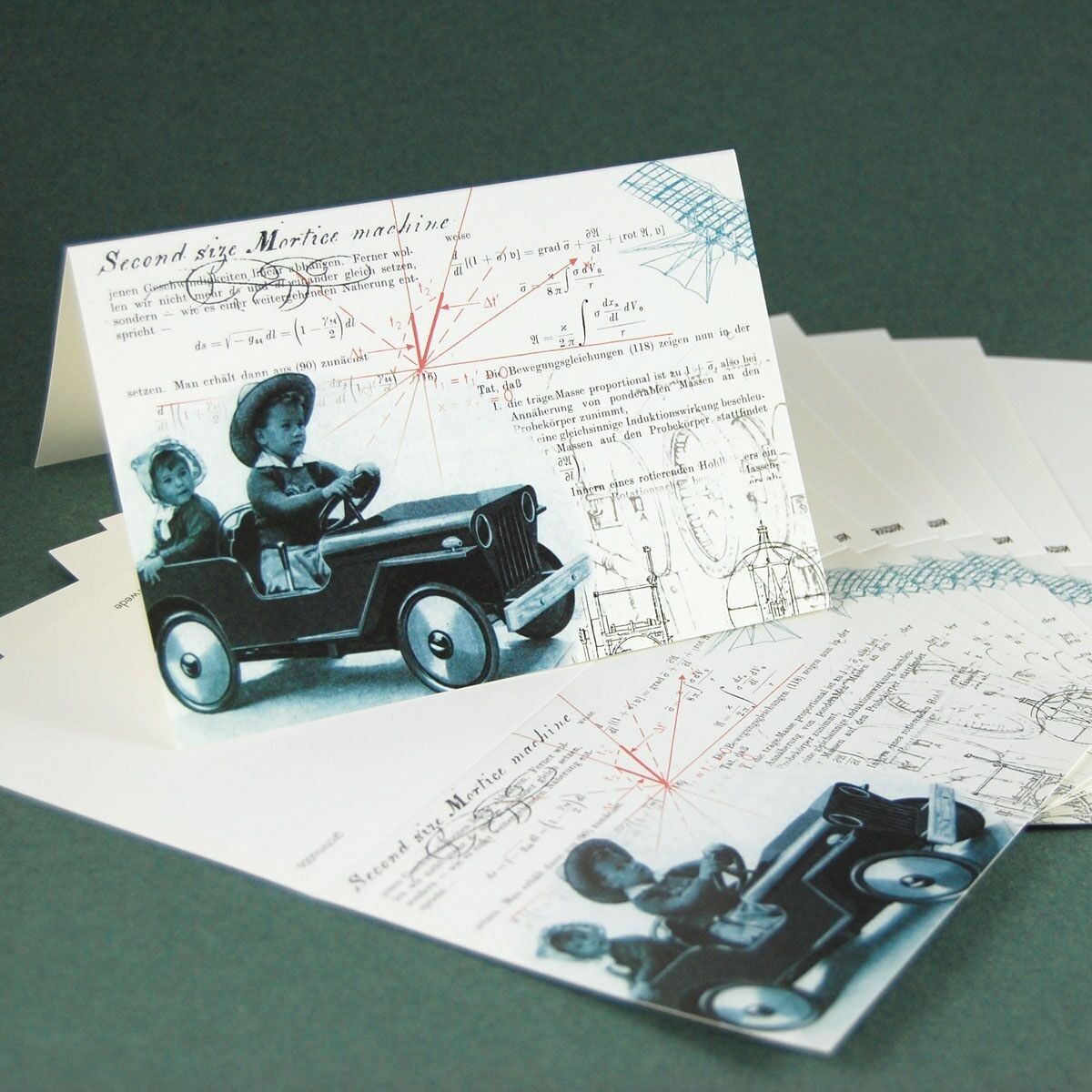 Set di 10 biglietti d'auguri con buste: Mini Jeep + formule tecniche