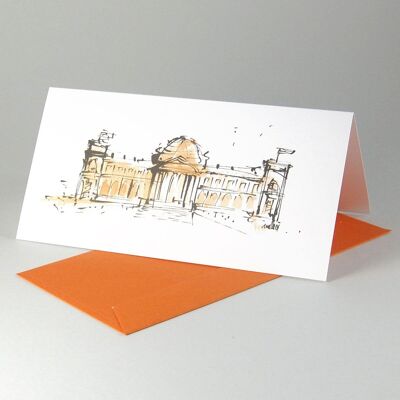 Lot de 10 cartes de vœux avec enveloppes orange : Reichstag / Bundestag à Berlin