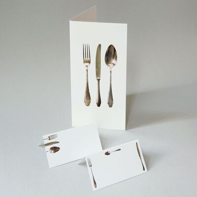4 tarjetas de menú con 16 tarjetas de lugar: tenedor, cuchillo, cuchara