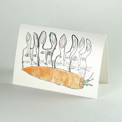 10 tarjetas de felicitación con sobres: cuatro conejos, una zanahoria
