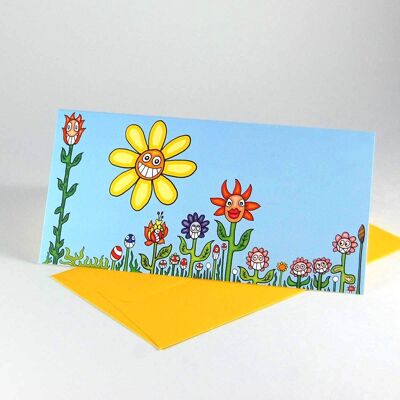 10 cartoon greeting cards with yellow envelopes: smiling flowers and sun