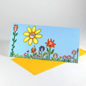 10 cartes de vœux dessin animé avec enveloppes jaunes : fleurs souriantes et soleil 1