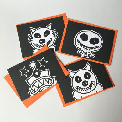 4 recycled postcards with orange envelopes: Monster