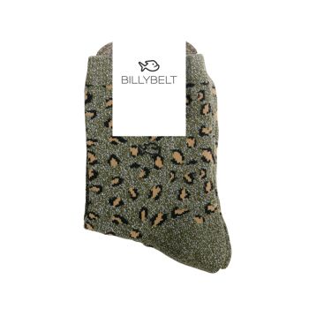 Chaussettes Léopard kaki et argent  en coton peigné 1