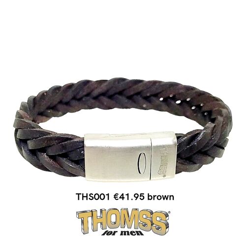 Thomss armband met mat zilveren edelstalen sluiting, bruine leren vlecht