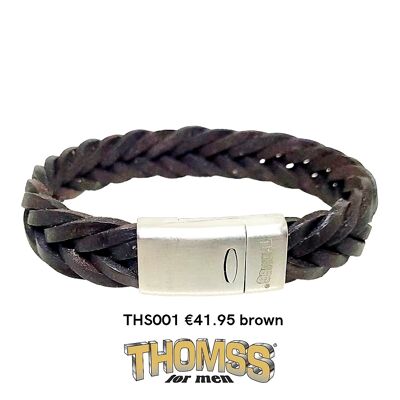 Bracelet Thomss avec fermoir en acier inoxydable argenté mat, tresse en cuir marron