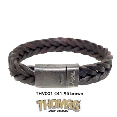 Bracciale Thomss con chiusura in acciaio inossidabile vintage opaco, passante in pelle marrone