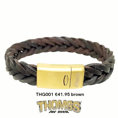 Thomss armband met mat gouden edelstalen sluiting, bruine leren vlecht