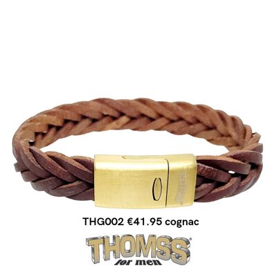 Thomss men's bracelet, matte silver closure with cognac leather braid