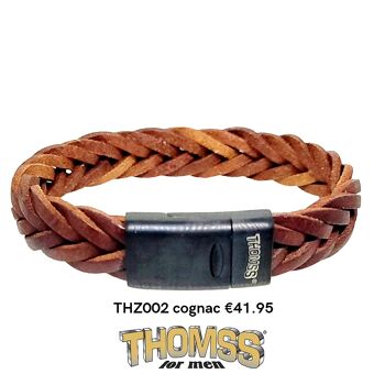 Bracelet homme Thomss, fermeture noir mat avec tresse en cuir cognac