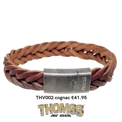 Bracelet homme Thomss, fermoir vintage mat avec tresse en cuir cognac