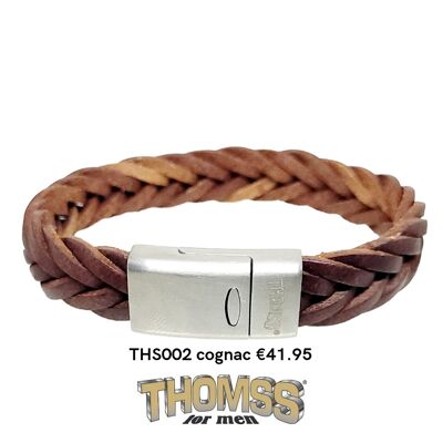 Bracelet homme Thomss, fermoir argent mat avec tresse cuir cognac