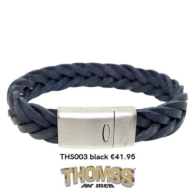 Thomss-Armband mit mattsilbernem Verschluss, schwarzes Ledergeflecht