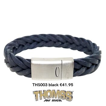 Bracelet Thomss avec fermoir en argent mat, tresse en cuir noir