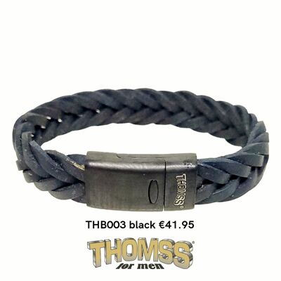 Thomss men's bracelet, matte vintage stainless steel clasp with matte black leather braid