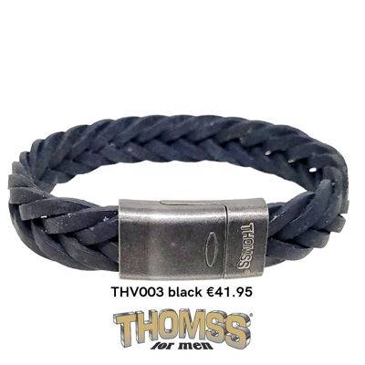 Bracelet homme Thomss, fermoir en acier inoxydable vintage mat avec tresse en cuir noir mat
