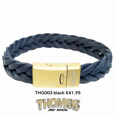 Thomss-Armband mit mattgoldenem Verschluss und schwarzem Ledergeflecht