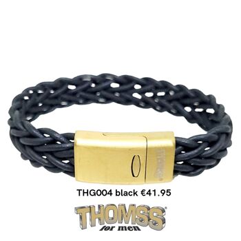 Bracelet Thomss avec fermoir en or mat et tresse en cuir tressé noir mat