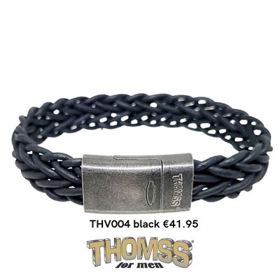 Thomss men's bracelet, matte vintage stainless steel clasp with matte black leather braid