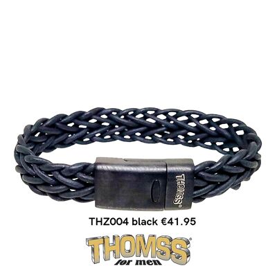 Thomss armband met mat zwarte edelstalen sluiting, zwarte leren vlecht