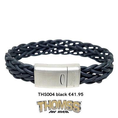 Bracciale Thomss con chiusura in acciaio inossidabile, treccia in pelle nera